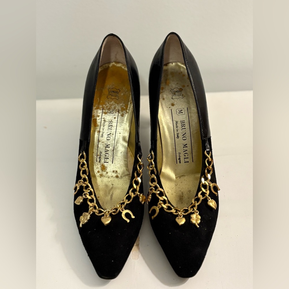 Bruno Magli Black Heels with Gold Chain Detail